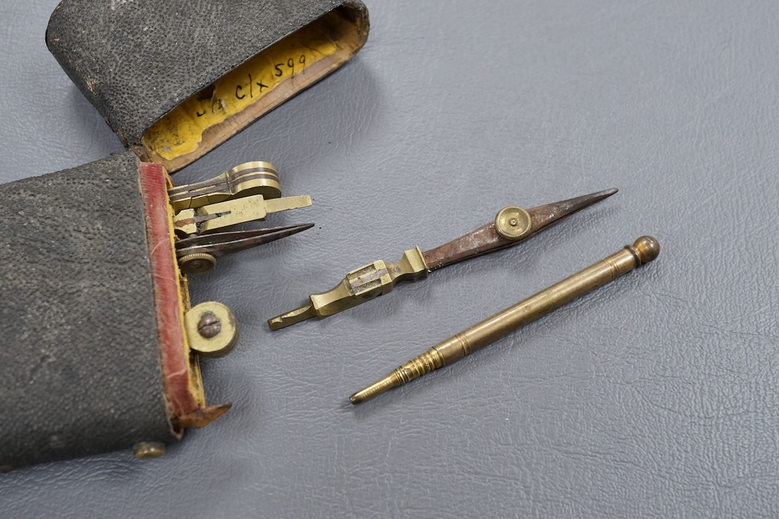 A 19th century pocket pocket draughtsman's set, containing various drawing instruments (some missing) in a shagreen case, 15cm high.